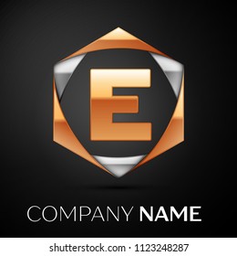 Gold Letter E logo symbol in the colorful golden-silver hexagonal on black background. Vector template for your design