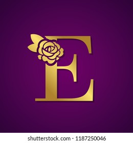 Gold Letter E with Rose Flower for beauty and fashion logo