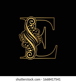 Gold letter E. Vintage golden flower ornament initial letters.  Alphabet. Logo vector 