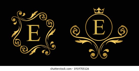 Gold letter E. Vintage golden flower ornament initial letters.  Alphabet. Logo vector 