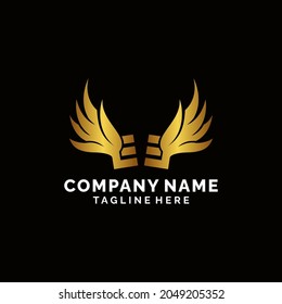 Gold letter EE with eagle wings logo design