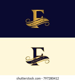 Gold letter F. Calligraphic beautiful logo with tape for labels. Graceful style. Vintage drawn emblem for book design, brand name, business card, Restaurant, Boutique, Hotel. Vector illustration