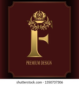 Gold Letter F with Crown. Graceful Royal Style. Calligraphic Beautiful Logo. Vintage Drawn Emblem for Book Design, Brand Name, Business Card, Restaurant, Boutique, Crest, Hotel. Vector illustration