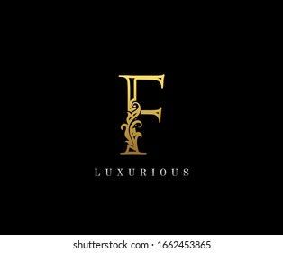 Gold Letter F Logo. F Letter Design Vector with Golden Colors and Floral Hand Drawn.