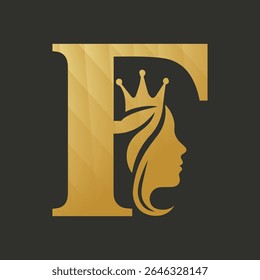 Gold Letter F Logo Queen Crown Hair Woman Profile vector