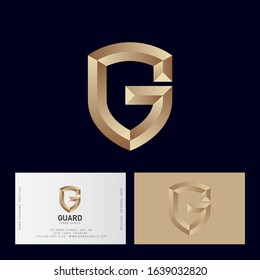 Gold letter G like a shield. G monogram. Emblem of antivirus or protection system. Gold Shield logo.