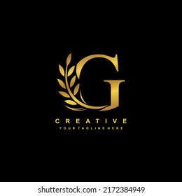 gold letter G logo design with luxurious and beautiful leaf ornament. G Monogram. G typography. gold feather logo. initial letter G logo. golden flower logo. Suitable for boutique, wedding, hotel, etc