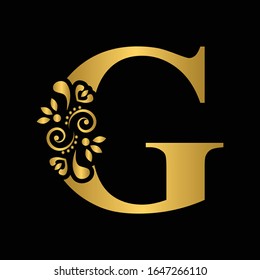 Gold letter G. Vintage golden flower ornament initial letters.  Alphabet. Logo vector 