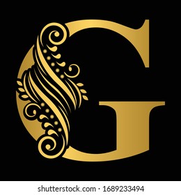 Gold letter G. Vintage golden flower ornament initial letters.  Alphabet. Logo vector 