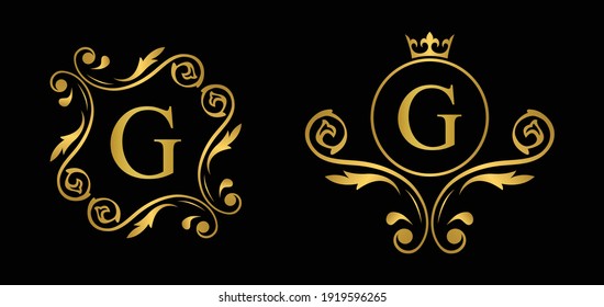 Gold letter G. Vintage golden flower ornament initial letters.  Alphabet. Logo vector 