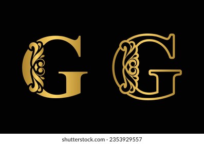 Letra de oro G Letras iniciales de adorno de flores doradas vintage.  Alfabeto. vector de logotipo 