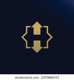 Goldener Brief H mit Auf- und Abwärts-Pfeilen. Vektorsymbol.