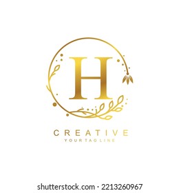 
Gold letter H logo design with circular flower and leaf ornament. the letter H design is beautiful and luxurious. monogram typography H. suitable for logos of beauty, business, company, promotion etc