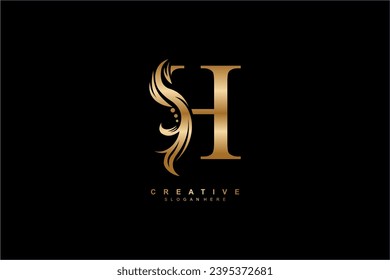 gold letter H logo design with graceful and elegant flower, leaf, feather ornaments. monogram H. typography H. logo H initial. Suitable for, business, wedding, boutique, company, hotel, beauty etc.