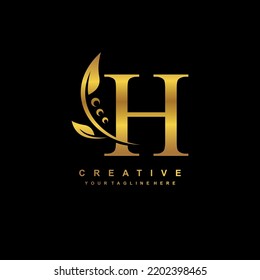 gold letter H logo with luxury gold leaf ornament. H flourish, monogram, typography. feather logo. H premium design. suitable for company logo, business, boutique, wedding, celebration, etc