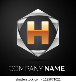 Gold Letter H logo symbol in the colorful silver hexagonal on black background. Vector template for your design