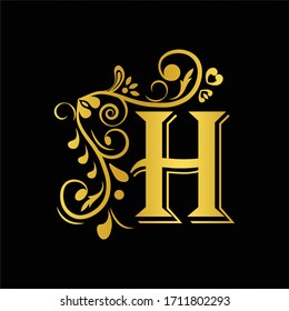 Gold letter H. Vintage golden flower ornament initial letters.  Alphabet. Logo vector 