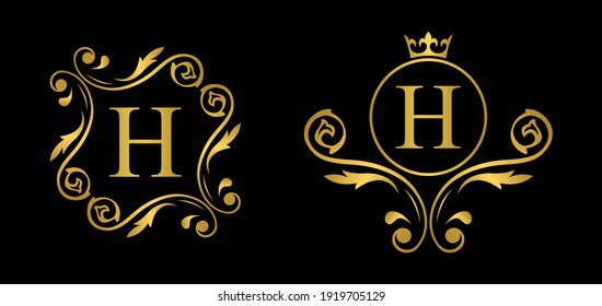 Gold letter H. Vintage golden flower ornament initial letters.  Alphabet. Logo vector 