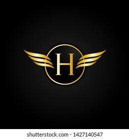 Gold Letter H Wing Circle Logo Modern Stripe Elegant Premium Vector