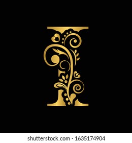 Gold letter I. Vintage golden flower ornament initial letters.  Alphabet. Logo vector 