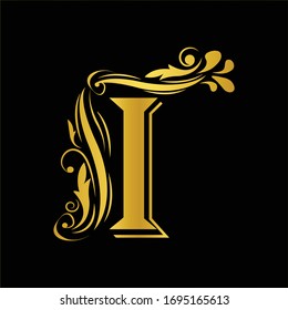 Gold letter I. Vintage golden flower ornament initial letters.  Alphabet. Logo vector 