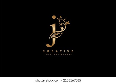 gold letter J logo design with beautiful and elegant flower and feather decoration. J design. icon J. design J