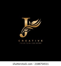 Gold Letter J Logo Design With Luxurious And Beautiful Leaf Ornament. J Monogram. J Typography. Gold Feather Logo. Initial Letter J Logo
