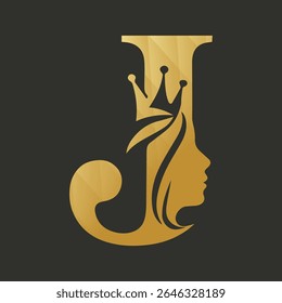 Gold Letter J Logo Design Woman Profile Crown vector