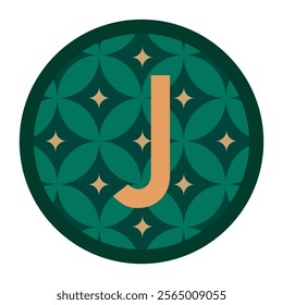 A gold letter J paired with a symmetrical green floral star pattern, encased in a circular design. Perfect for modern branding and elegant design projects.