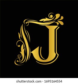 Gold letter J. Vintage golden flower ornament initial letters.  Alphabet. Logo vector 