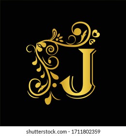Gold letter J. Vintage golden flower ornament initial letters.  Alphabet. Logo vector 