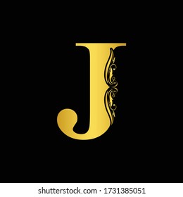 Gold letter J. Vintage golden flower ornament initial letters.  Alphabet. Logo vector 