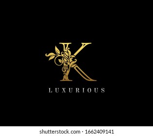 Gold Letter K Logo. K Letter Design Vector with Golden Colors and Floral Hand Drawn.