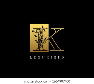 Gold Letter K Logo. K Letter Design Vector with Golden Colors and Floral Hand Drawn.