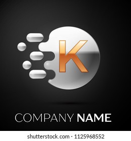 Gold Letter K logo. Silver dots splash and abstract liquid bubble shape on black background. Vector template for your design