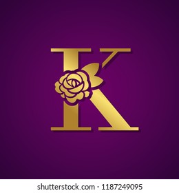 Gold Letter K with Rose Flower for beauty and fashion logo