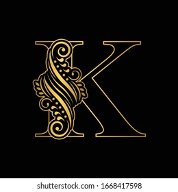Gold letter K. Vintage golden flower ornament initial letters.  Alphabet. Logo vector 
