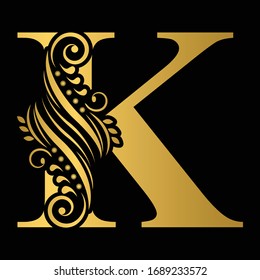 Gold letter K. Vintage golden flower ornament initial letters.  Alphabet. Logo vector 