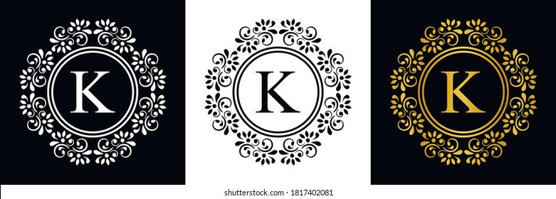  Gold letter K. Vintage set black, white and golden flower ornament initial letters.  Alphabet. Logo vector 
