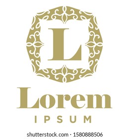 gold letter L inside ornate frame, monogram vector logo template