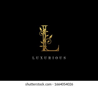 Gold Letter L Logo. L Letter Design Vector with Golden Colors and Floral Hand Drawn.