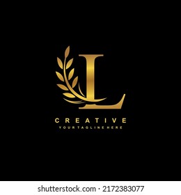 gold letter L logo design with luxurious and beautiful leaf ornament. L Monogram. L typography. gold feather logo. initial letter L logo. golden flower logo. Suitable for boutique, wedding, hotel, etc