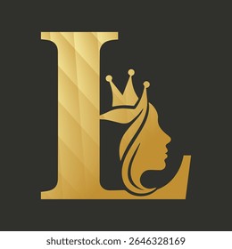Gold Letter L Logo Queen Crown Woman Profile vector