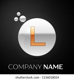 Gold Letter L logo. Silver dots splash and abstract liquid bubble shape on black background. Vector template for your design
