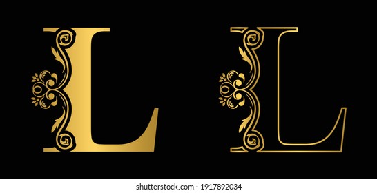 Gold letter L. Vintage golden flower ornament initial letters.  Alphabet. Logo vector 