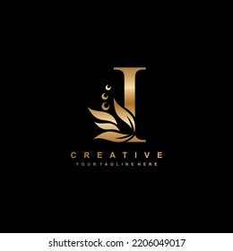 gold letter I logo design with flourish ornaments. logo I with floral and leaf ornaments. I beautiful logo. luxury letter I logo design