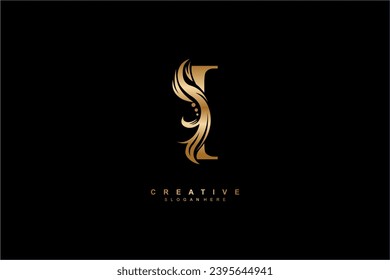 gold letter I logo design with graceful and elegant flower, leaf, feather ornaments. monogram I. typography I. logo I initial. Suitable for, business, wedding, boutique, company, hotel, beauty etc.