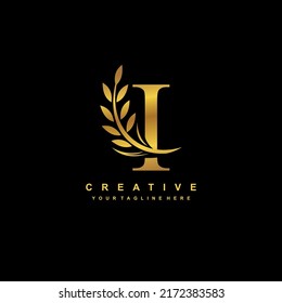 gold letter I logo design with luxurious and beautiful leaf ornament. I Monogram. I typography. gold feather logo. initial letter I logo. golden flower logo. Suitable for boutique, wedding, hotel, etc