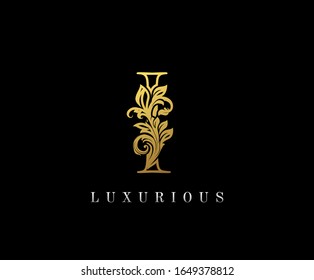 Gold Letter I Logo. I Letter Design Vector with Golden Colors and Floral Hand Drawn.