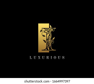 Logotipo de la letra Gold I. I Letra Vector de diseño con colores dorados y mano floral dibujada.